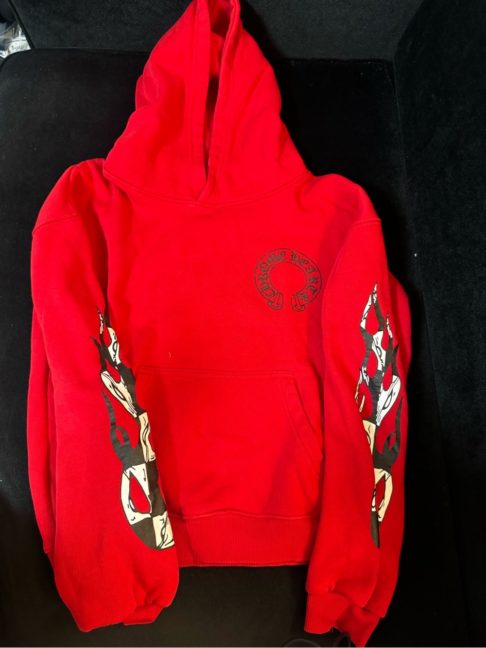 Chrome Hearts Red Kids Hoodie with Flame Sleeve Graphics